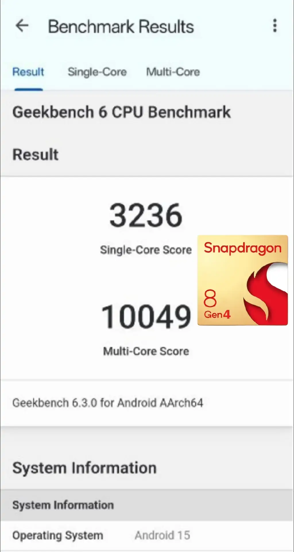 Snapdragon 8 Gen 4 spotted on Geekbench is seen testing on the OnePlus 13. Snapdragon 8 Gen 4 (3nm TSMC) 4.32Ghz 16GB RAM, Android 15 2x Performance Cores 4.32Ghz 6x Efficiency Cores 3.53Ghz Source: Digital Chat Station #Snapdragon #8Gen4 