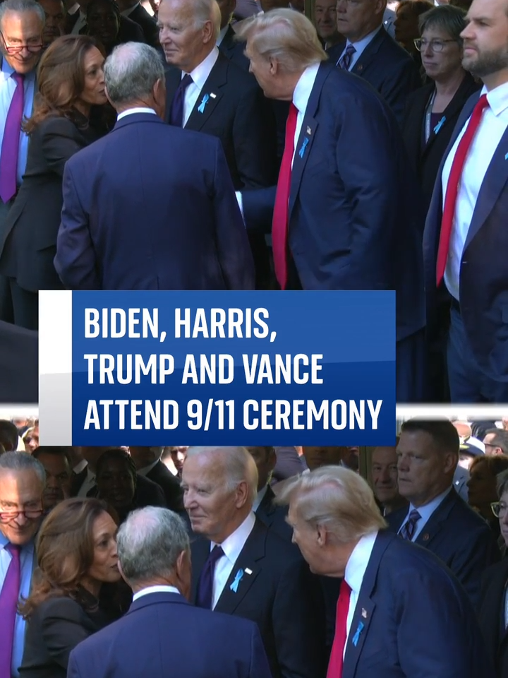 Kamala Harris and Donald Trump attend 9/11 ceremony in New York. President Joe Biden and Senator JD Vance were also in attendance next to the election candidates. Politicians gathered in New York to remember the nearly 3,000 people killed in the 2001 hijacked-plane attacks. #skynews #9/11 #KamalaHarris #DonaldTrump