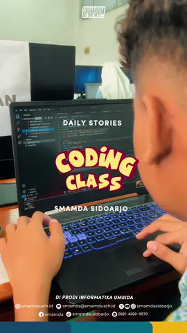 Assalamualaikum w. w.✨ *Selamat Belajar* 🧑🏻‍💻 *“Siswa Coding Class Smamda”* di Prodi Informatika *Universitas Muhammadiyah Sidoarjo* 📌 *Share this Information to all your social media* 🥰 SMAMDA DO THE BEST 💫✨ Wassalamualaikum w. w.  _____ Update informasi sekolah melalui: 🐦 twitter.com/smamdaSidoarjo 📘 facebook.com/smamda 📸 instagram.com/smamdaSidoarjo 🎼 tiktok.com/smamda.sidoarjo 📧 smamda@smamda.sch.id 🌏 smamda.sch.id ꧁༺info PPDB༻꧂ 🔎 ppdb.smamda.sch.id 📲 6282142009570 . #ayosekolahsmamda #smamdasidoarjo #ppdbsmamda #smamuhammadiyah2sidoarjo #smamdaboardingschool #smamdasekolahpenggerak #sekolahramahanak #smamdayouarethefuture #smamdaholisticshool #smamdayouarethefuture 