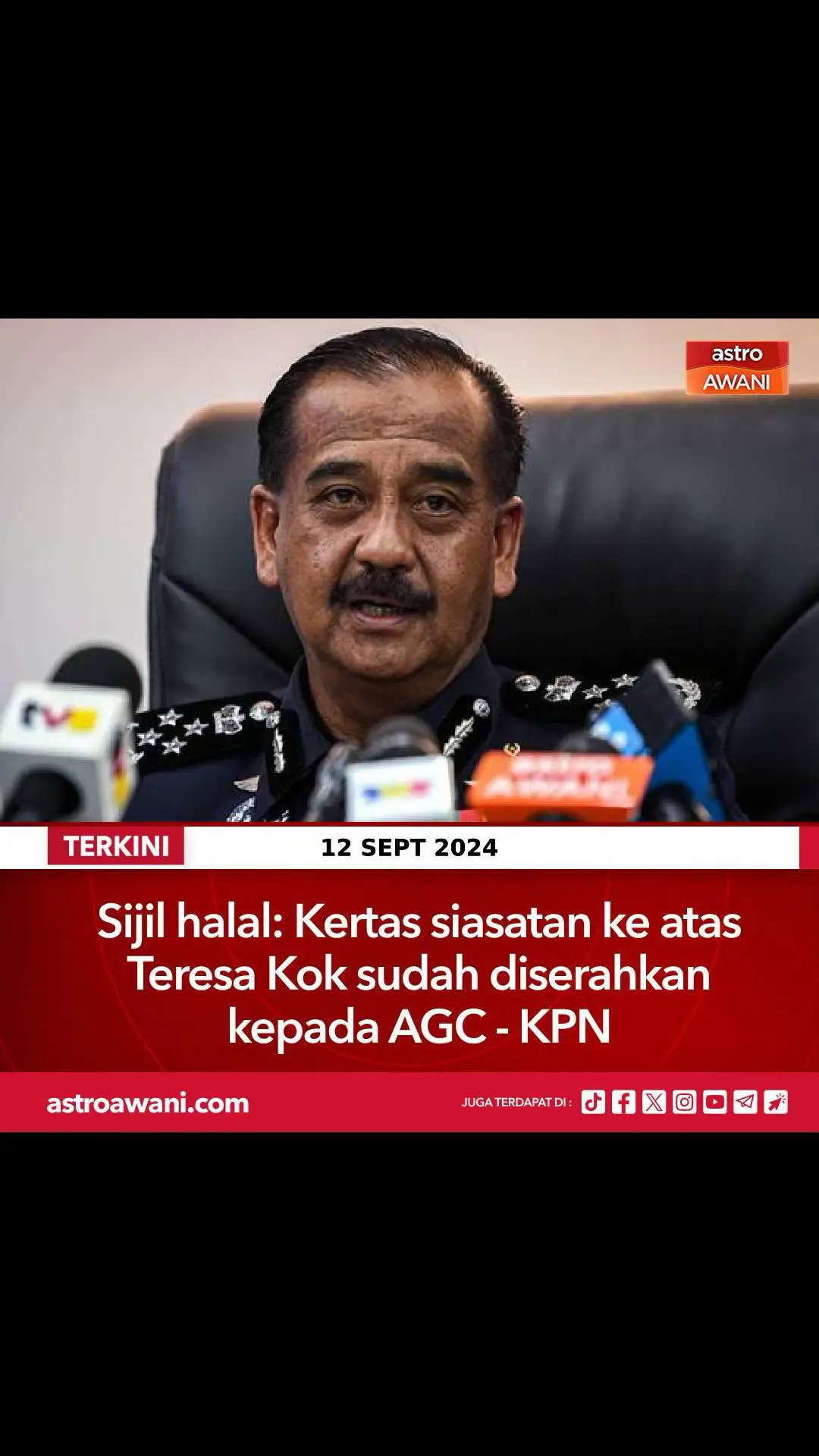 Kertas siasatan membabitkan Ahli Parlimen Seputeh, Teresa Kok berhubung kenyataannya mengenai pensijilan halal sudah dihantar ke Pejabat Peguam Negara (AGC) pada Khamis untuk tindakan lanjut. Ketua Polis Negara Tan Sri Razarudin Husain ketika dihubungi Astro AWANI berkata, pihaknya sudah melengkapkan siasatan dengan memanggil saksi-saksi yang berkaitan.  Ikuti berita terkini di https://grid.astroawani.com/ #AWANInews