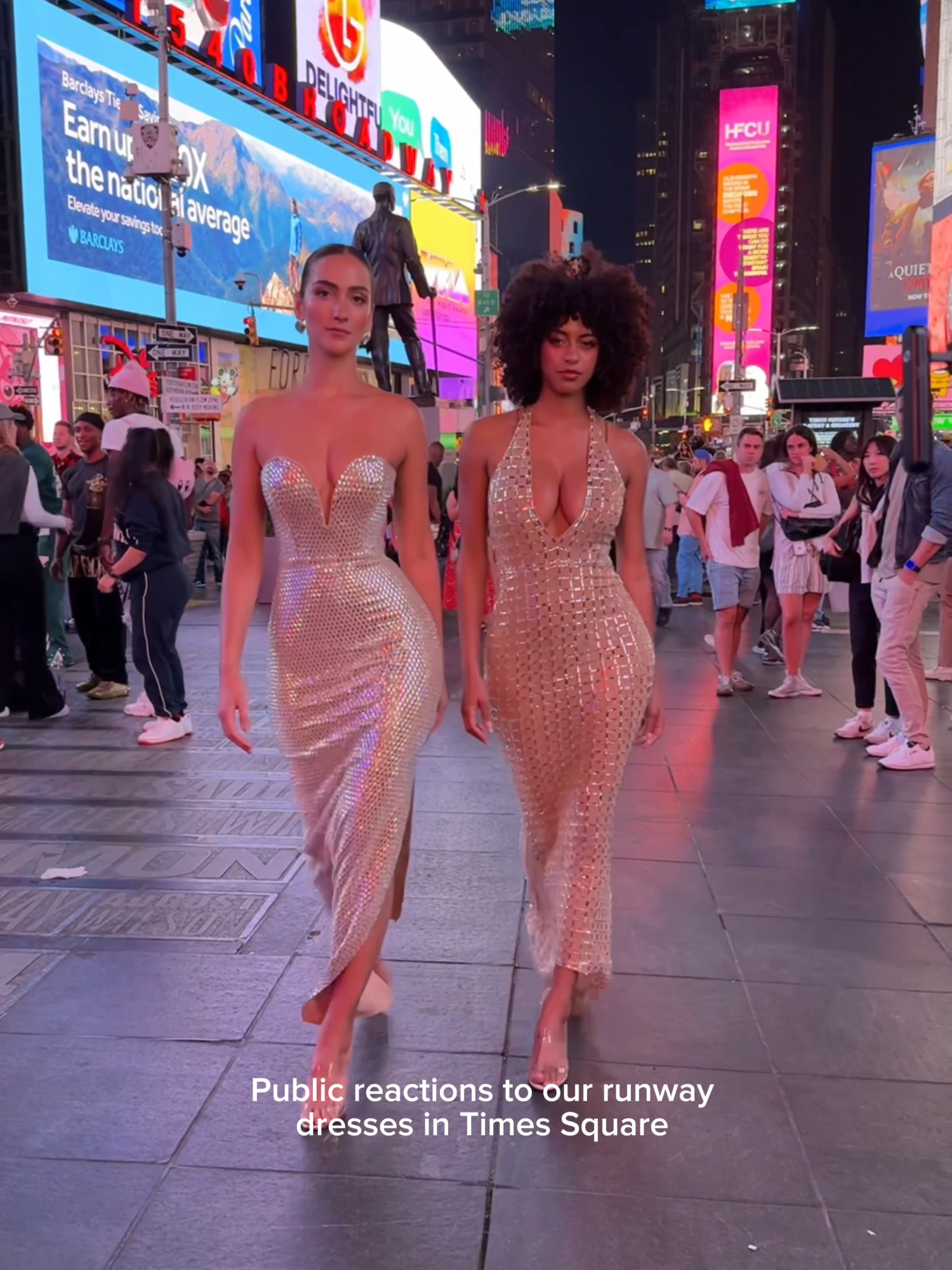 The reactions to our Oh Polly Fashion Week runway dresses 🤌✨  #ohpolly #ohpollydress #nyc #timessquare #sparkle #sparkledress #embellished #maxidress #reactions