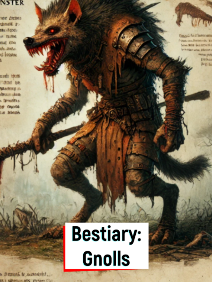 Bestiary Entry 89 - Gnolls - Savage hyena raiders only worsened by the demon lord Yeenoghu's influence on them, these creatures are nomadic hunters seeking out undefended villages to pillage. In combat they are feral and fight without strategy, making most adventurers stick to trickery or traps to gain an advantage against these roaming warbands.  #dndmonster #dndbestiary #dnd5e #gamemaster #dungeonmaster #dungeonsanddragons #gnoll #bg3 #ttrpg #ttrpgtok #tabletop #tabletoprpg