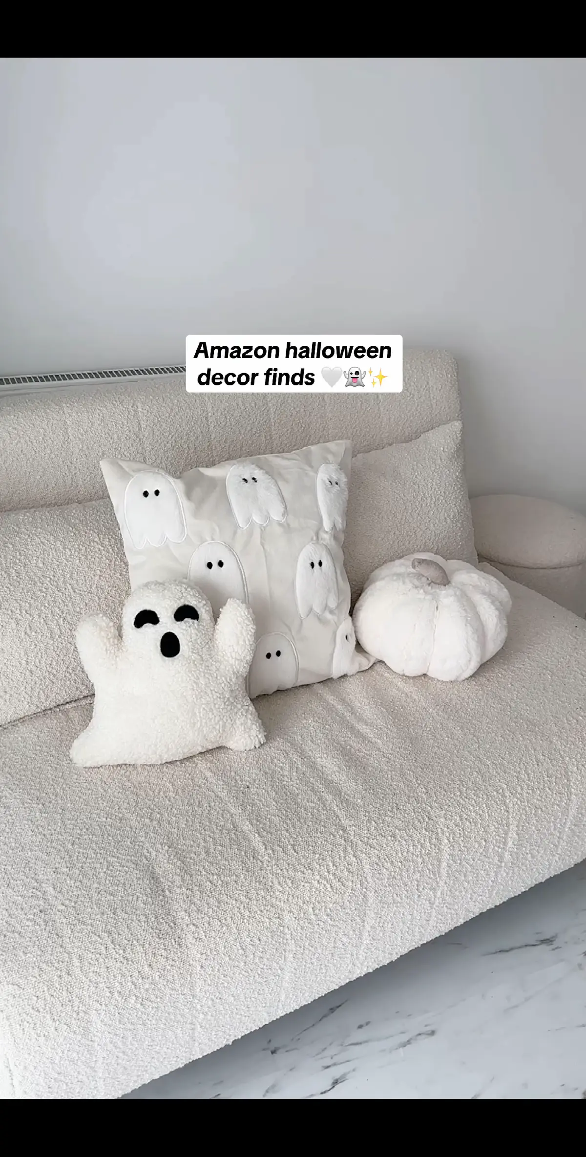 Which is your favourite??! I loooove my ghost mug & boucle ghost pillow 👻🤍 #halloween #halloweentok #amazon #amazonfinds #amazonuk #aesthetic #decor #pumpkinseason #halloween2024 