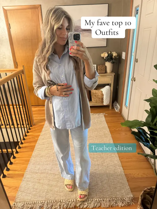My top 10 favorite outfits so far! 🤩 #teachersoftiktok #teacher #OOTD #outfitideas #outfit #fy #style #styletips #pregnant #pregnantoutfits #pregnancy #pregnancyoutfit 