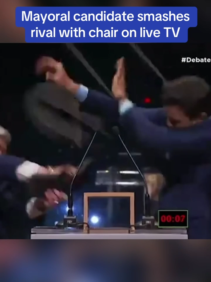 During a heated live debate, for mayor of São Paulo, Brazilian mayoral candidate Jose Luiz Datena attacked his rival Pablo Marcal by smashing him with an iron chair. Marcal was hospitalised with suspected fractured ribs and breathing difficulties. #BRAZIL #mayor #debate #livetv #saopaolo🇧🇷🇧🇷 #joseluizdatena #pablomarcal