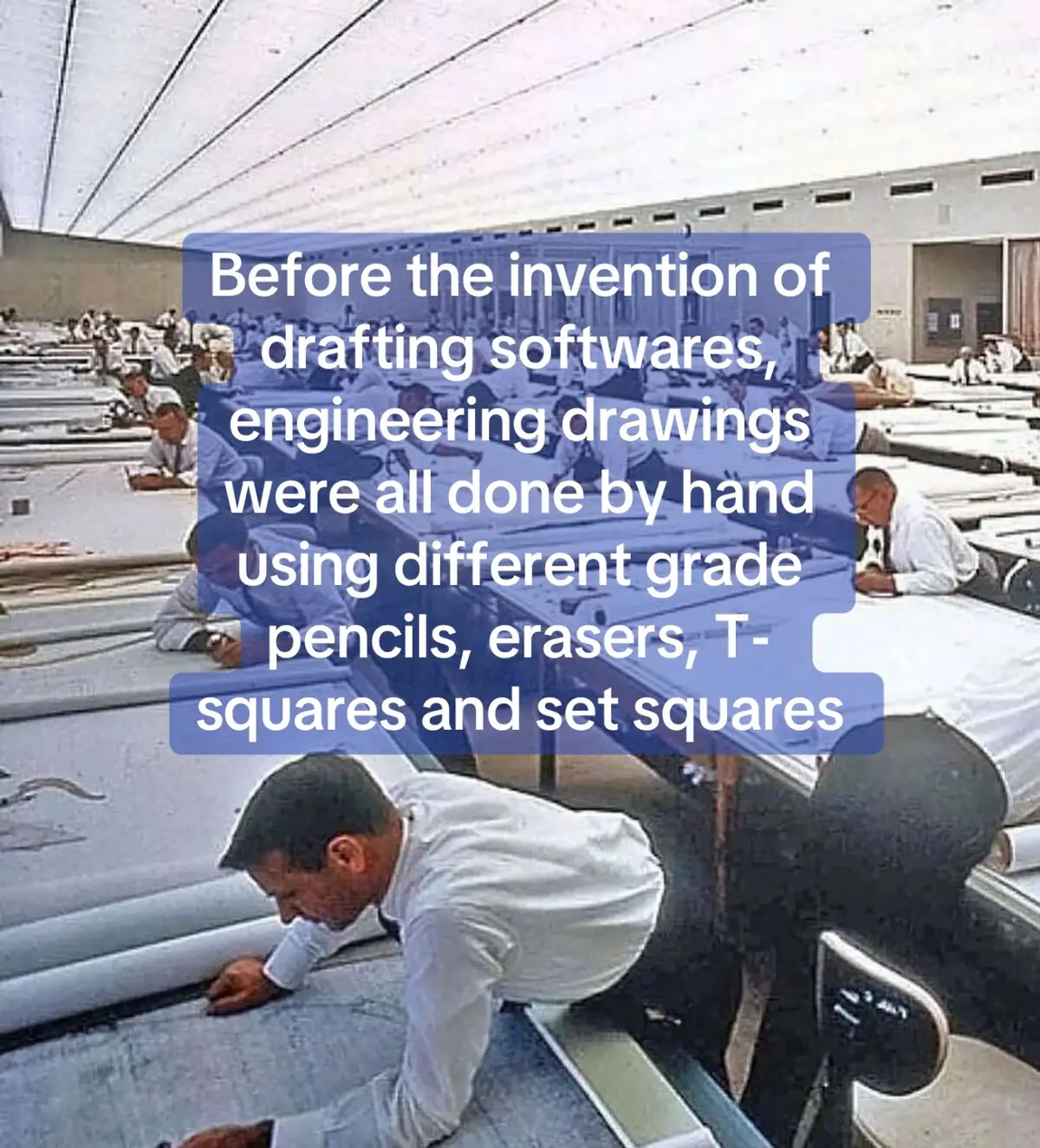 Before the invention of AutoCAD and other drafting softwares, engineering drawings were all done by hand using different grade pencils, erasers, T-squares and set squares. Even after hours of manual labor, if a change was needed, the engineers and toolmakers had to start from scratch and make the sketches all over again. #learnwithtiktok #artistsoftiktok #engineering #didyouknow 