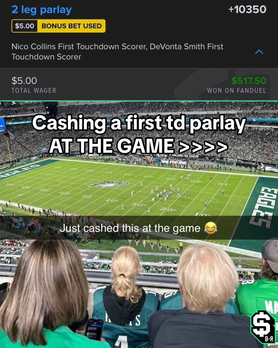 Cashing a first TD parlay AT MNF is all-time 🤩 #jalenhurts #nicocollins #houstontexans #nfl #mnf #eaglesfootball  (via Northbroad_snaps/IG @FanDuel Sportsbook)