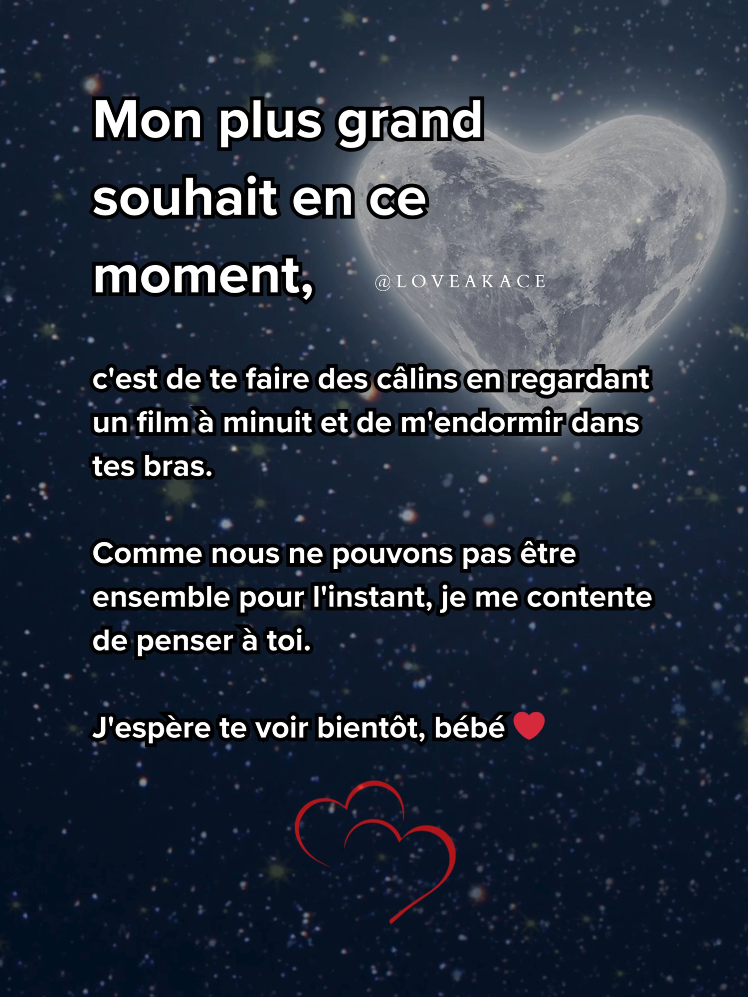 Mon plus grand souhait en ce moment, c'est de te faire des câlins en regardant un film à minuit et de m'endormir dans tes bras... ❤️ . . #motsdamour #messagedamour #textedamour #declarationdamour #promessedamour #amourinfini #amoureternel #jetaime #monamour #monhomme #mavie #amoureux #amoureuse #amourinconditionnel #romantique #romance #loveakace #akace #akacesylso