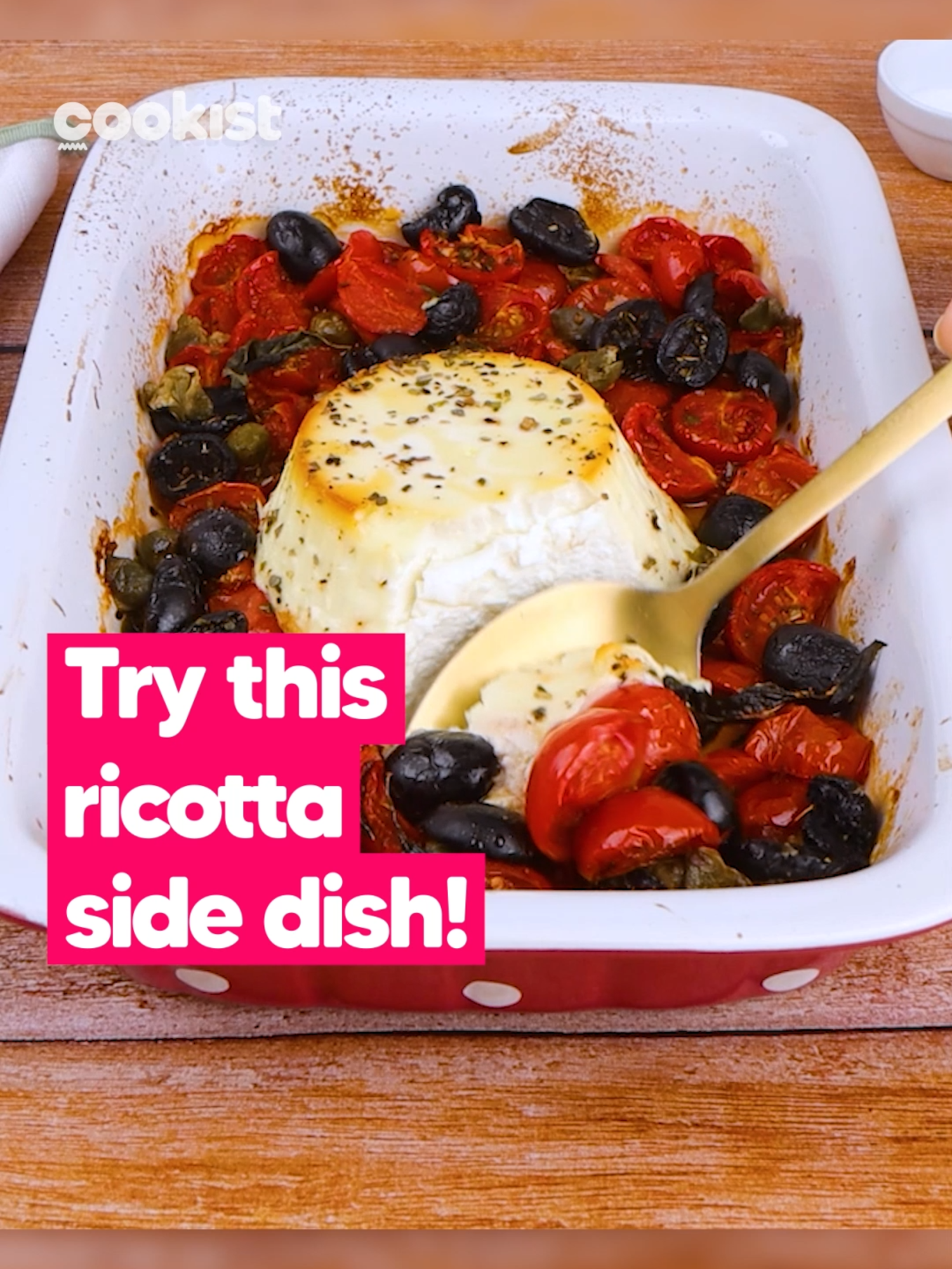 Have you ever tried baked #ricotta? 😍 So tasty and full of flavor, it's perfect to spread on bread or to eat together with pasta ❤️ 👉INGREDIENTS Cherry tomatoes Extra virgin olive oil 250g of Ricotta Black olives Capers Pepper Salt Dry oregano Basil 👉METHOD 1. Pour olive oil into the baking dish and place the ricotta in the middle. Add the cherry tomatoes, black olives, and capers on the side. 2. Season all with pepper, salt and dry oregano. Add a drizzle of olive oil and a few leaves of basil. Bake in oven at 200°C/392°F 30 min. 3. Spread the baked ricotta on bruschetta and add a few spoons of the baked vegetables. What is your favorite cheese to bake? 😋👇 #cookistwow #cookistrecipe #recipes #baking #foodlover #ricotta #baked #tomatoes #foodtok