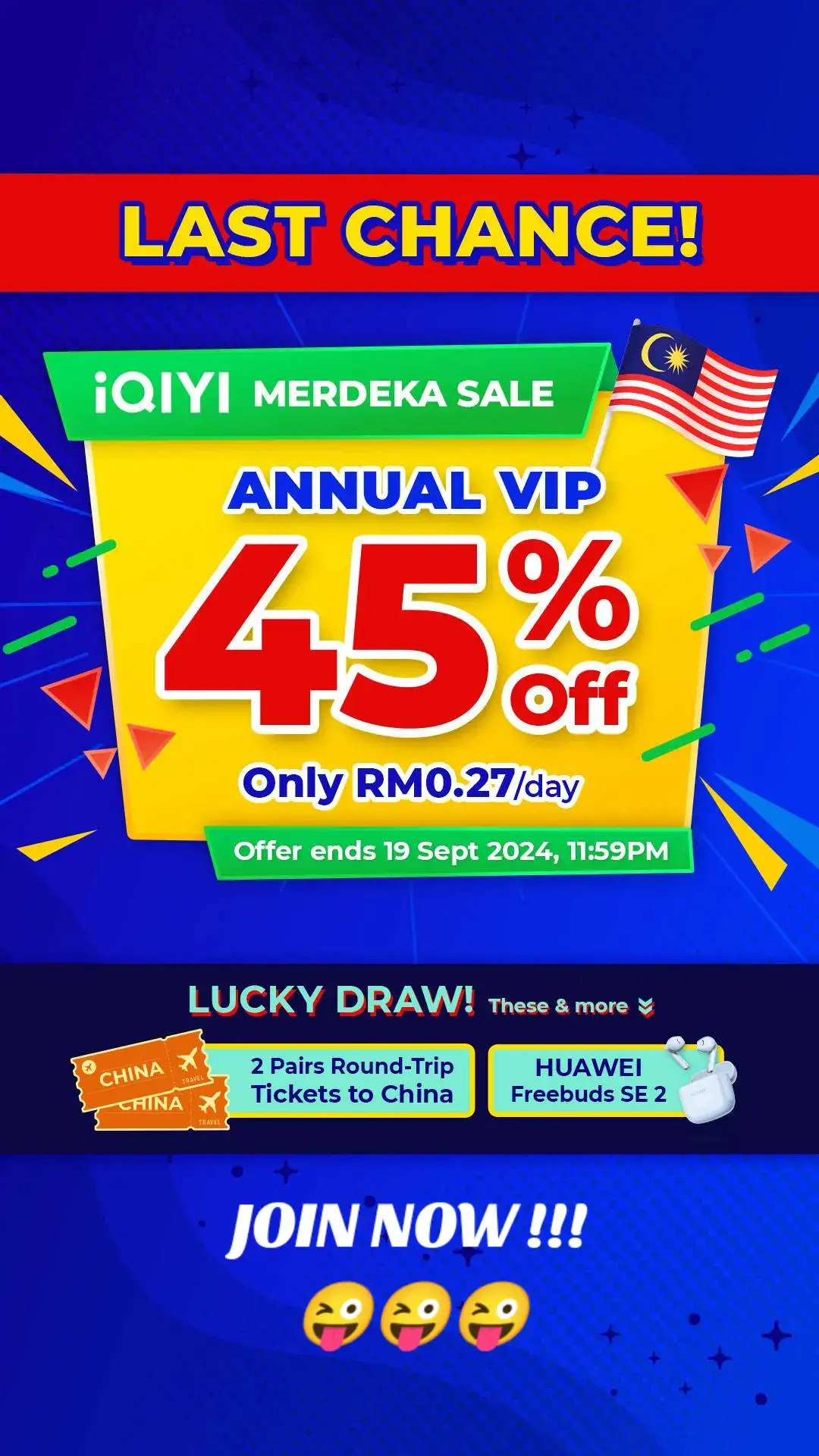 Dapatkan langganan iQIYI VIP 1 tahun dengan diskaun 45%! Ini juga peluang terakhir untuk menyertai cabutan bertuah dan menang 2 pasang tiket pergi balik ke China, HUAWEI FreeBuds, dan banyak lagi hadiah menarik. Tawaran tamat pada 19 SEPT 2024! Cepat—langgan sebelum terlambat! #iqiyimalaysia #iqiyimerdekasale 