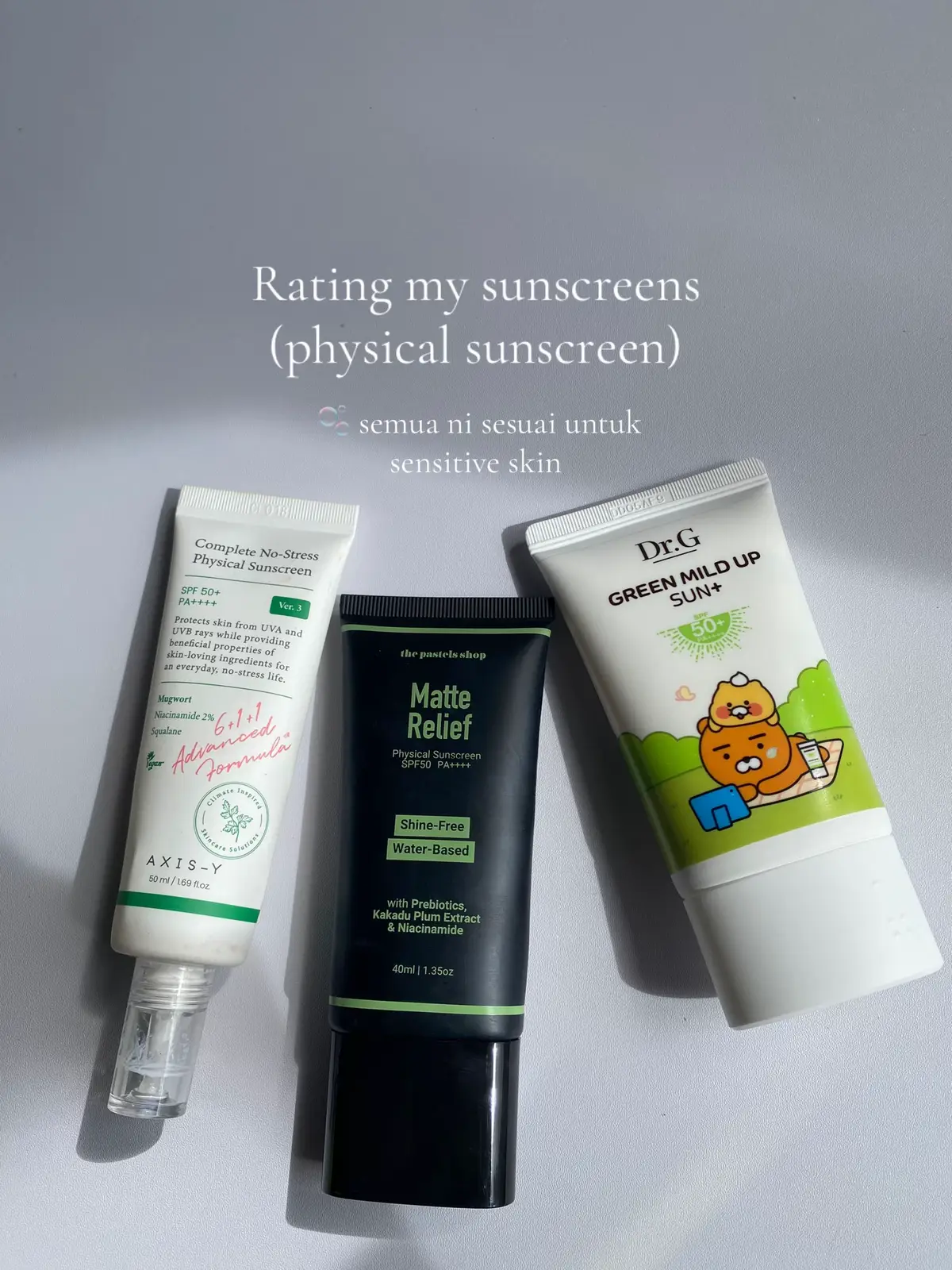 ni pendapat i sendiri untuk yang combination skin & kadang kadang ada jerawat. tiga ni top tier and worth every penny! 😭🫶🏻 first sunscreen boleh tengok sini @tisha 🪐⋆｡  second suncreen sini @tisha 🪐⋆｡  third sunscreen sini  @tisha 🪐⋆｡  #sunscreen #sunscreenviral #sunscreenreview #sunscreenrecommendation #pastelshop #thepastelshopsunscreen #drgsunscreen #axisy #axisysunscreen #physicalsunscreen 