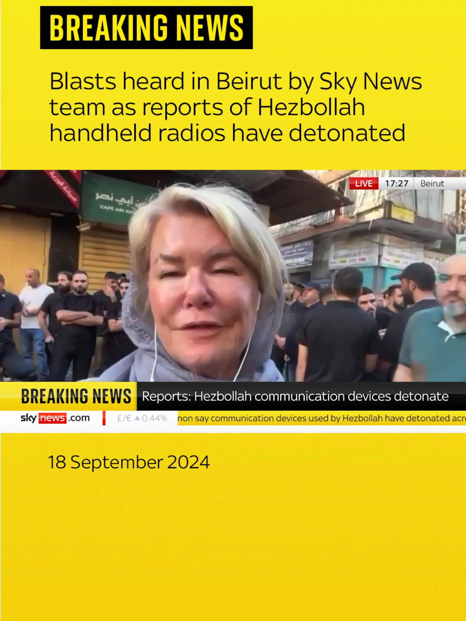 🔴 Blasts have been heard in Beirut by our Sky News team. Reuters have cited a security source and a witness as saying handheld radios used by Hezbollah have detonated in the country's south and in the southern suburbs of the capital. At least one of the blasts heard took place near a funeral organized by Hezbollah for those killed yesterday, Reuters said. This comes after nearly 3,000 people were injured and 12 killed by pager explosions in Lebanon on Tuesday. #Lebanon #Beirut #BreakingNews #Pagers #Explosions #Israel