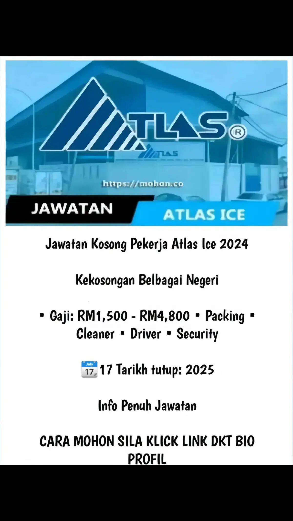 ✓ KINI TERBUKA JAWATAN KOSONG TERBARU Jawatan Kosong Pekerja Atlas Ice 2024 CARA MOHON SILA KLICK LINK DKT BIO PROFIL #berandatiktok #fypage #jawatanmalaysia #TikTok AwardsMY2024 #jawatankosongterkini #xyzbca #jawatan2024 #fypviral 