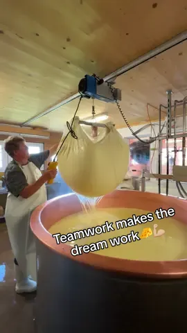 Teamwork is the order of the day here! 🤝 The curd is lifted out of the cheese vat using a cloth and a curved implement known locally as a “Bögli” before being placed in a typical cheese mould referred to as a “Järb” and subsequently kneaded in. The most important thing is to lose as little of the curd as possible. This means that the cloth is always pulled twice. The less curd residue that remains in the cloth the second time, the better the cheesemaker has done their work. 🧀✨ #cheesetok #swisscheese #switzerland #cheese 