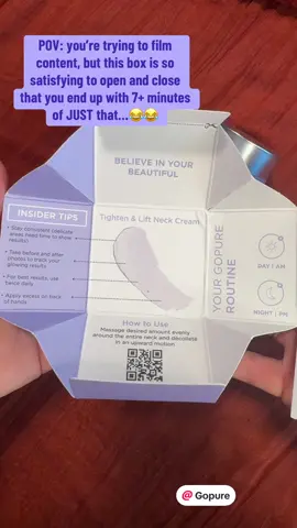 POV: You’re trying to film a skincare video but get completely sidetracked by how oddly satisfying this box is to open and close. 😅 Now I’ve got 7+ minutes of footage of just that! Who else gets easily distracted like this? 😂 @Gopure #SatisfyingVideos #ADHDMoments #RelatableContent #OddlySatisfying #UnboxingTherapy #creatorsearchinsights 