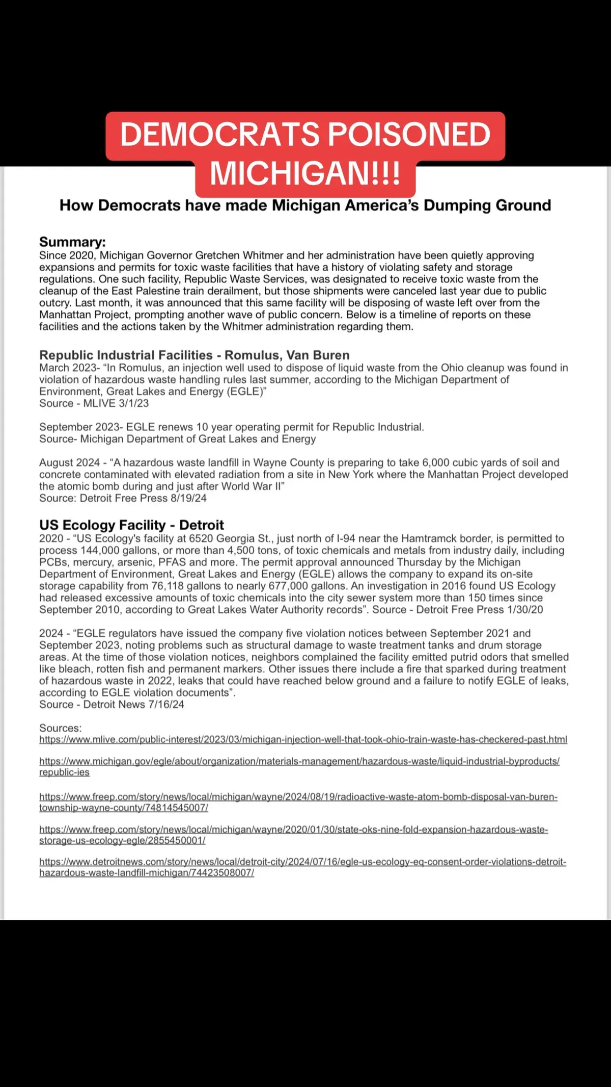 Michigan is on the verge of environmental catastrophe as a result of @gretchenwhitmermi and her reckless policies. #trump #rfk #maha 