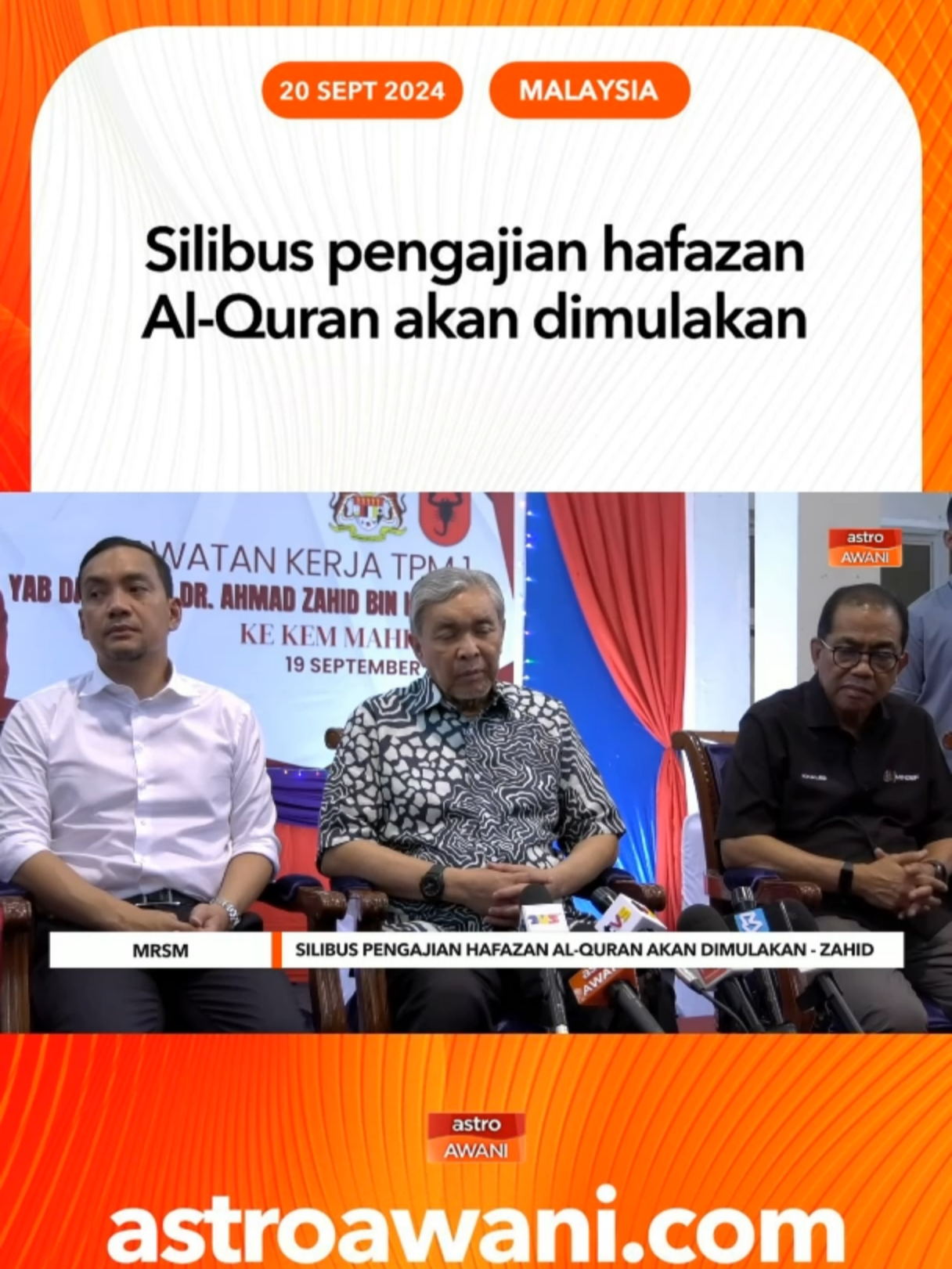 Maktab Rendah Sains Mara di seluruh negara akan memulakan silibus pengajian hafazan al-Quran dalam masa terdekat, kata Timbalan Perdana Menteri, Datuk Seri Ahmad Zahid Hamidi. #AWANInews