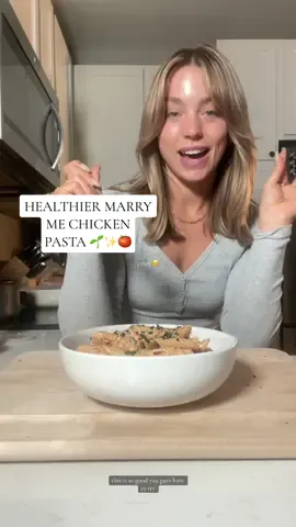 Healthier marry me chicken pasta 🍅✨🌱 recipe below!! Ingredients: @Drink Poppi for the good vibes 2 chicken breasts, cubed 1 shallot, diced 1 garlic clove, minced Roasted tomatoes, diced 1 cup @Kettle & Fire chicken bone broth 3-4 tbsp @Good Culture cottage cheese blended with 1/2 cup water and 2 tbsp @Primal Kitchen Foods dijon 1/4 cup @organicvalley heavy cream Shake of @BelGioiosoCheese grated parmesan (more for topping) Basil Parsley @Rao’s Homemade penne noodles Seasonings: onion powder, smoked paprika, salt, pepper, thyme, italian seasoning, red pepper flakes  Instructions: 1. Season chicken with onion powder, salt, pepper, and smoked paprika and cook on pan until internal temp reaches 165°, then remove from pan (@Caraway Home ELLIETEALE10 for 10% off 😚) 2. In the same pan, brown shallot, garlic, tomatoes, and all seasonings, then add in bone broth  3. Add in heavy cream, parmesan, and parsley and bring to low simmer 4. Remove pan from heat, and once cooled add in cottage cheese mixture and basil 5. Toss marry me sauce with chicken and noodles 6. Add toppings as desired  7. Enjoy 😚 #healthyrecipes #healthydinnerideas #healthyfood #pasta #pastarecipe #marrymechicken 