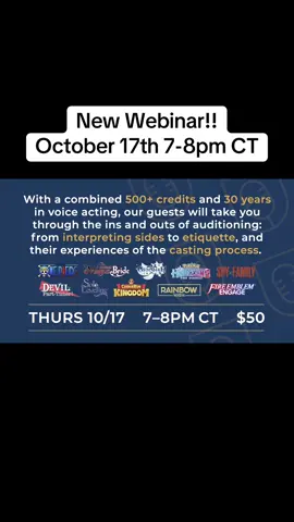Having worked on titles such as #OnePiece, #MyHeroAcademia, #SpyXFamily, #GenshinImpact, and more, Dani Chambers, Anthony Bowling, and Marcus Stimac will be discussing the process of auditioning and casting for voiceover at our next webinar! Tickets are available for purchase through EventBrite! #webinar #voiceactor #englishdubs #animevoiceactor #voiceacting #acting #voiceover 