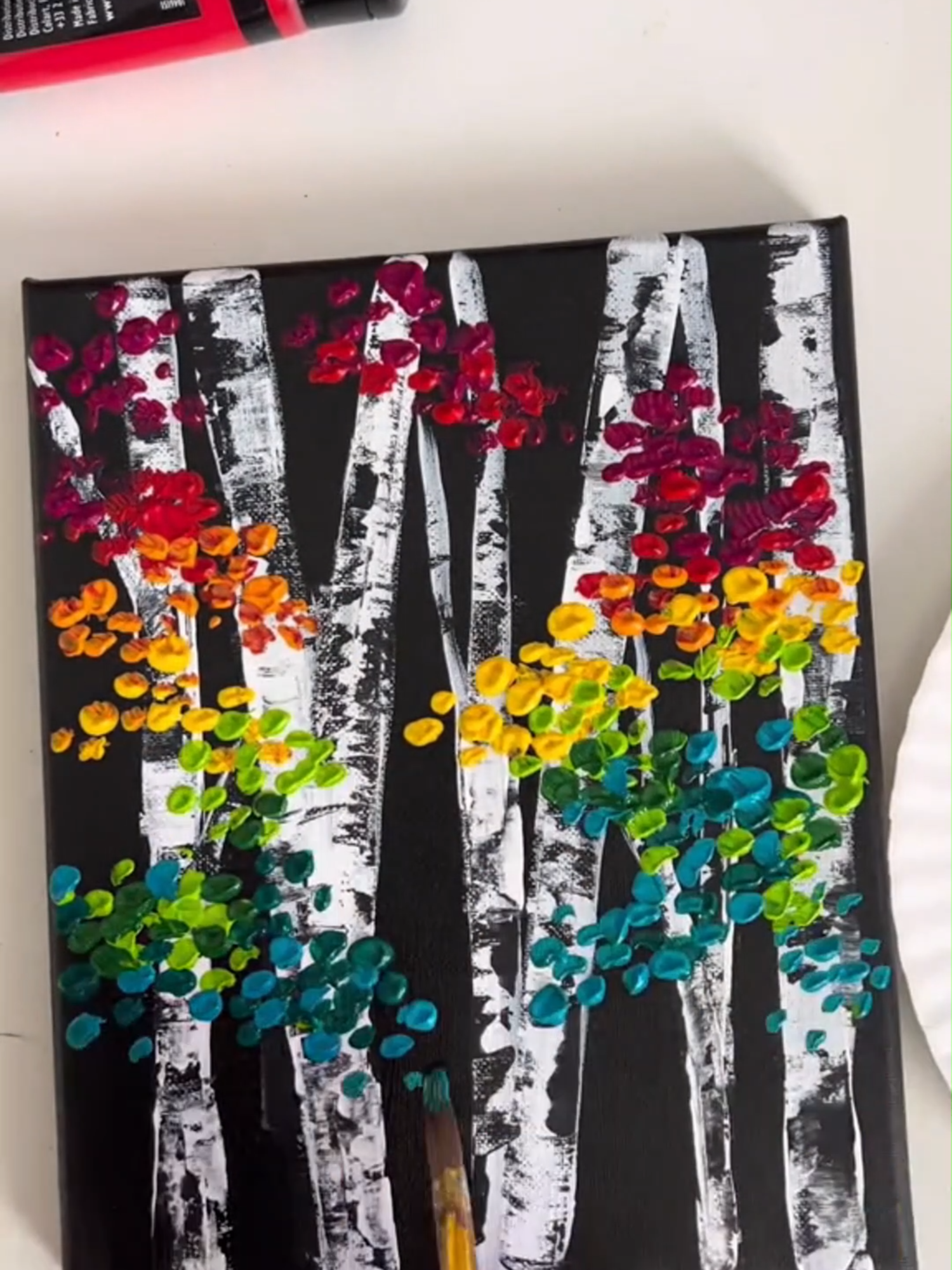 As promised, here's the acrylic version of the fall birch trees!  #fallpainting #acrylicpainting #easyart