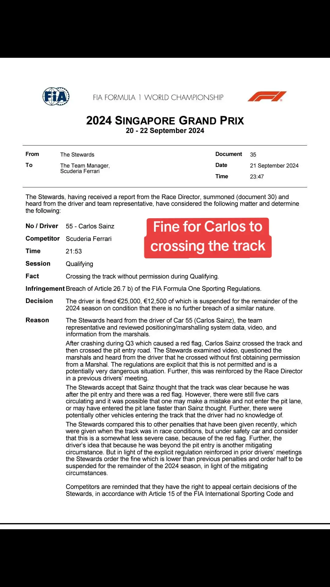 Fine for Carlos Sainz to crossing the track during the red flag at Qualifying. #carlossainz55 #f1penalty #lol #f1funny #lmao #singaporegp #singaporegp2024 #teddkiforyouba #formula1tiktok #f1tiktok #f1fans #f1community #fia #f1drivers 