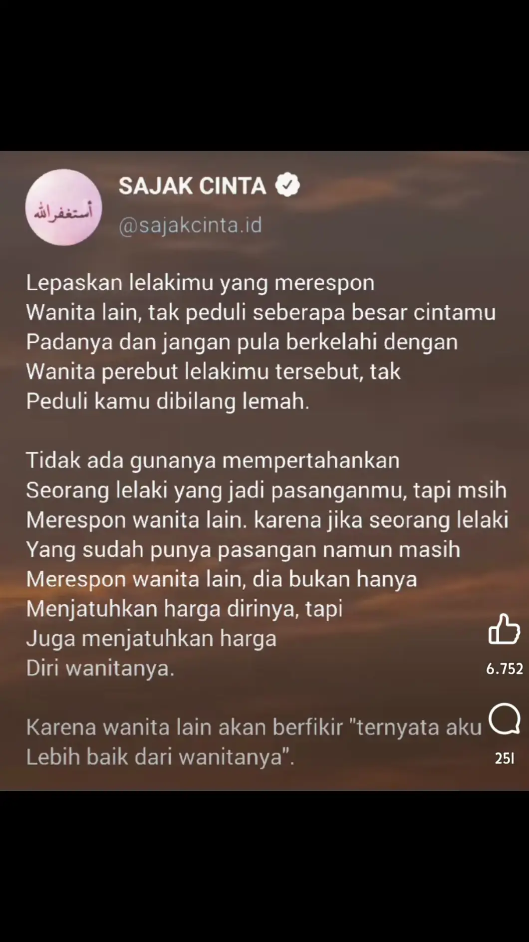 Pria sejati tidak punya waktu untuk selingkuh karena terlalu sibuk menyediakan semua yang pantas didapatkan oleh wanita yang baik 🫶✌️