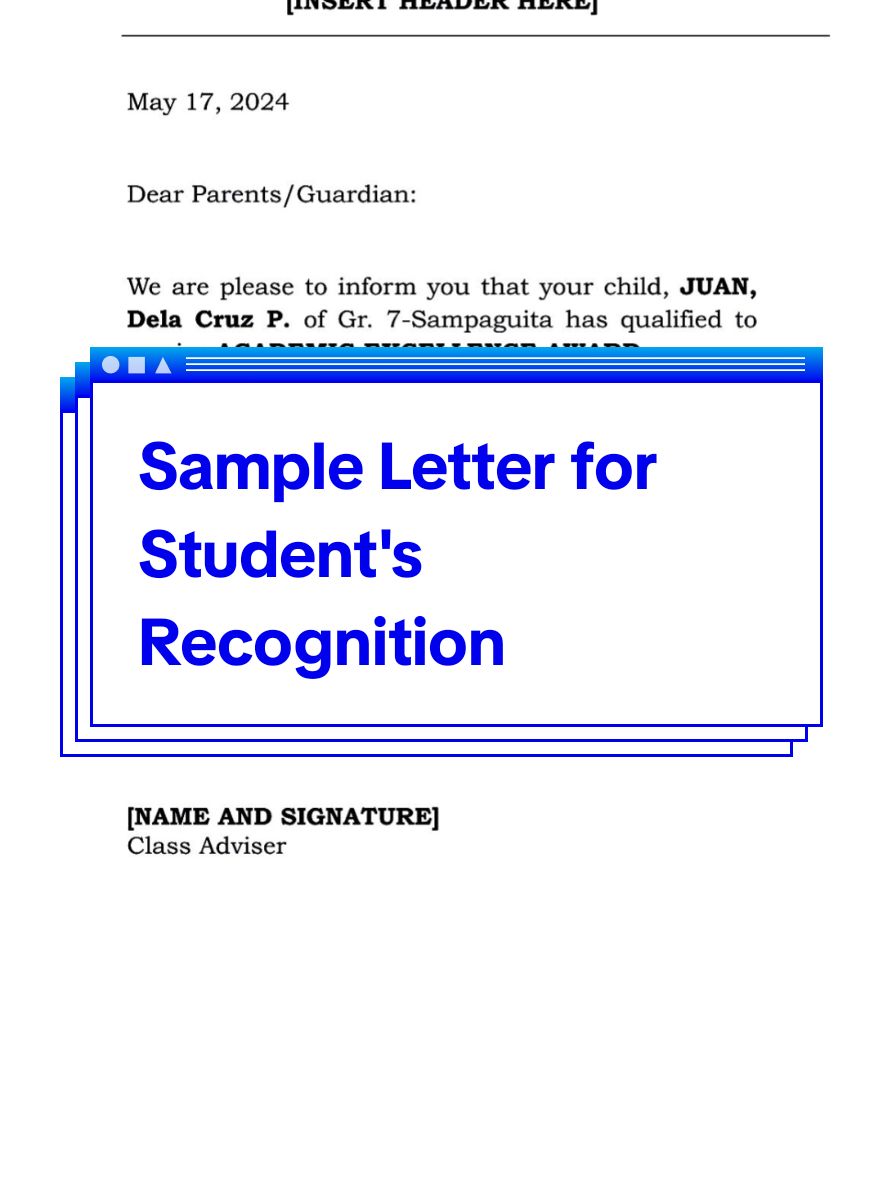 Sample Letter for Student's Recognition #sampleonly  𝘿𝙞𝙨𝙘𝙡𝙖𝙞𝙢𝙚𝙧: I am not an expert. I am just sharing templates that I personally use which may or may not be useful or applicable to your context.  Kindly 🅕🅞🅛🅛🅞🅦 for more templates.  Go to my YouTube Channel, Ma'am Di Templates for template soft copies. 