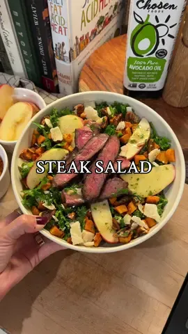 Steak Salad Sundays Part 35: Fall Maple Salad ft. @Chosen Foods 100% pure avocado oil #chosenpartner   For the Salad: 2 cups kale, chopped and massaged Sliced steak 1 cup roasted sweet potatoes, cubed 1/2 honey crisp apple, sliced Parmesan crumbles, to taste Handful of sweet and spicy pecans Maple vinaigrette   Maple Dijon Dressing: 1/3 cup Chosen Foods avocado oil 2 tbsp white wine vinegar 1 tbsp maple syrup 1 tbsp dijon mustard 2 cloves garlic 1 tbsp chives, chopped 1 tbsp parsley, chopped Salt and pepper, to taste   Roasted Sweet Potatoes: Peel and cube your sweet potato. Spray a roasting pan with Chosen Foods 100% Pure Avocado Oil Spray before adding your sweet potato. Spray potato directly as well and season with seasoning of choice (I used salt, pepper, onion powder, garlic powder, and paprika). Roast in the oven at 425 degrees for about 30 minutes, stirring halfway through.   Steak (rib eye): Pat dry and coat with a little bit of Chosen Foods 100% pure avocado oil, salt, and pepper. Grill on medium/high heat about 4 minutes a side or until meat reaches desired temperature. We removed from the grill around 125-130 degrees for a nice medium rare. Let rest, covered, for about 10 minutes before slicing.    #steaksalad #steaksaladsundays 