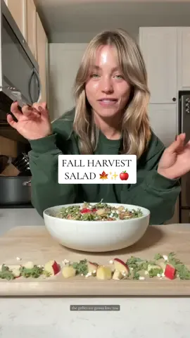 Fall harvest salad🍁✨🍎 recipe below!! Ingredients: @Drink Poppi for the good vibes 3-4 tbsp @Good Culture cottage cheese 1/4 cup apple cider vinegar  2 tbsp @Primal Kitchen Foods dijon 2 tbsp maple syrup 1/2 garlic clove  Cooked chicken Roasted sweet potatoes Toasted pecans (with cinnamon and @Graza olive oil) 1 honeycrisp apple, cubed @NearEastProducts quinoa @Taylor Farms kale @Josie’s Organics arugula Goat cheese Instructions: 1. In a blender combine cottage cheese, garlic, dijon, maple syrup, and pepper and blend until smooth (@Ninja Kitchen ) 2. Assemble salad and toss with salad dressing  3. Enjoy😚 #easydinner #healthydinner #healthydinnerideas #recipes #healthyfood #EasyRecipe #fallrecipes #salad 