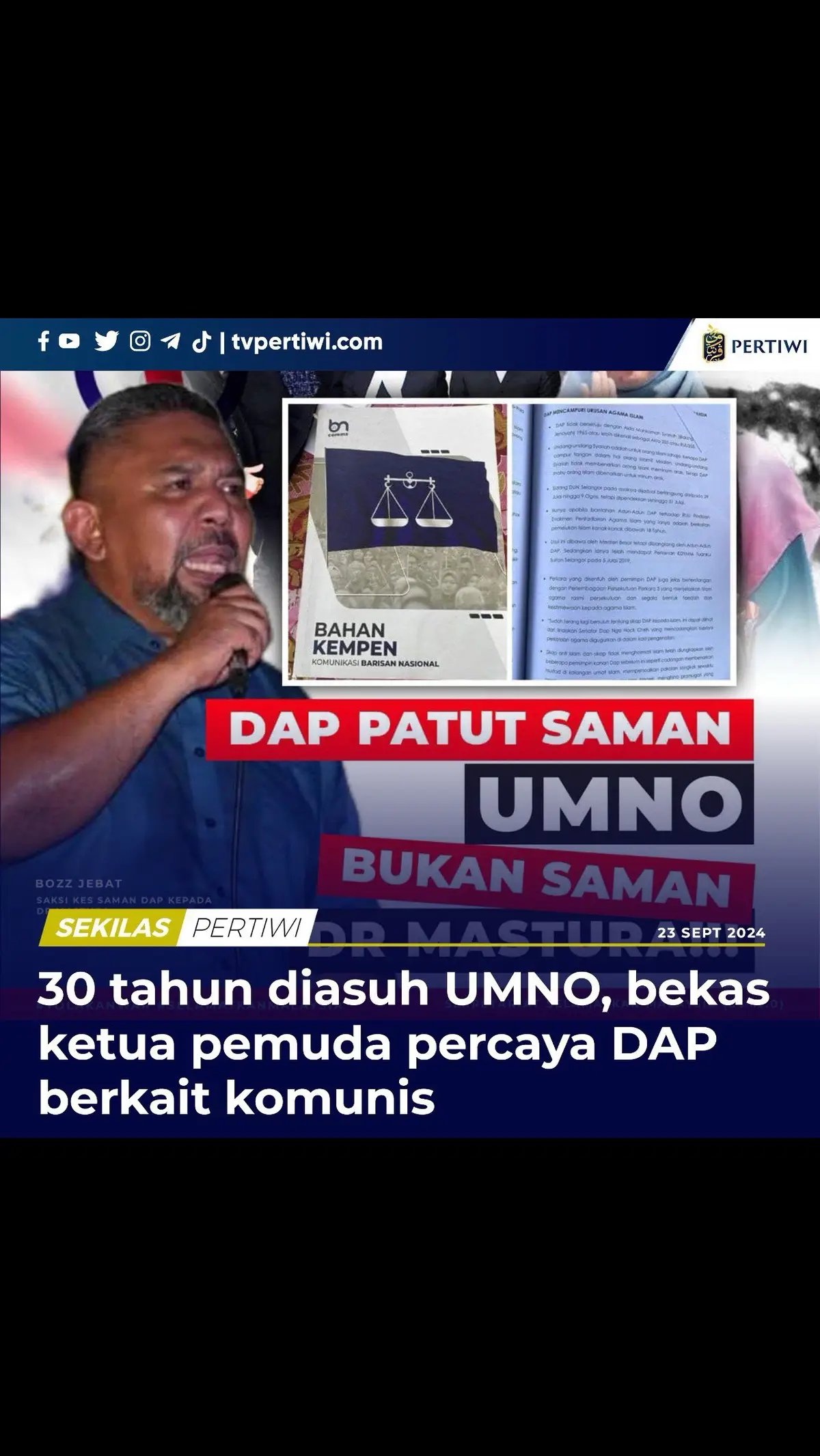 30 tahun menerima asuhan di Janda Baik, Pahang, bekas ketua Pemuda UMNO Seremban percaya DAP mempunyai kaitan dengan komunis.  Zool Amali Hussin, nama popular Bozz Jebat, memberi keterangan itu di Mahkamah Tinggi Pulau Pinang dalam kes DAP menyaman Ahli Parlimen PAS, Dr Siti Mastura Muhammad. “Setiap kali mereka menghantar saya kursus ke Institut Latihan Memperkasa Ummah (ILMU) di Janda Baik itu sahajalah mereka doktrinkan DAP adalah komunis.  “Saya juga percaya buku BN Comm ini diwujudkan ketika UMNO menjadi sebuah parti kerajaan, mana mungkin sebuah parti kerajaan tidak membuat penyelidikan teliti,” katanya.  Beliau membuat kenyataan itu ketika diajukan soalan oleh peguam DAP, Datuk Seri Santhara sebagai saksi kepada Siti Mastura yang juga Ahli Parlimen Kepala Batas.  Katanya, buku berkenaan diperoleh semasa Majlis Pelancaran BN Comm di Pusat Dagangan Dunia (WTC) sempena Pilihan Raya Umum ke-15.   “Ketika itu saya selaku ketua Pemuda UMNO Seremban hadir bersama-sama kepimpinan ketua bahagian, ketua wanita bahagian, ketua Pemuda dan Puteri Bahagian. “Majlis dirasmikan oleh Datuk Seri Ahmad Zahid Hamidi dan BN Comm juga dipengerusikan oleh Dato Seri Shamsul Anuar Nasarah,” katanya. IKLANKAN BISNES ATAU PRODUK ANDA. Klik http://www.wasap.my/60185772915/iklanpertiwi #TVPertiwi #BozzJebat #komunis #DAP #SitiMastura 