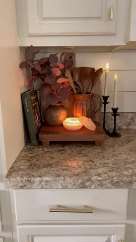 Fall kitchen corner styling!🍂 I found everything for this space at target and Walmart! I started with a cutting board in the back, then added the cozy green magnolia Cool book! Then I added the wooden riser for some height, Some potted fall stems, a pitcher utensils, and cozy candles. The pumpkin candle smells so good! I have like 3 of them lol   #falldecoration #falldecorating #falldecor #fallhome #diyfalldecor #fallhomedecor #falldecorideas  #kitchenstyling #traystyling #kitchendecor #cozykitchen #walmarthome#targethome