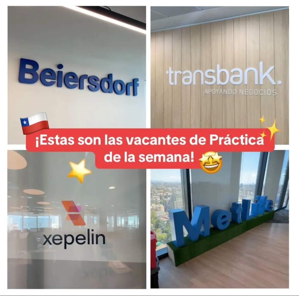 Conoce las vacantes de la semana y haz tu práctica en Beiersdorf, Transbank, Xepelin o MetLife 🇨🇱🤩 Checa las carreras que buscan y si encajas con el perfil, postula a través de www.firstjob.me 💜 #Chile #MetLife #Xepelin #Transbank #Beiersdorf #Ingeniería #ParaTi #Práctica  