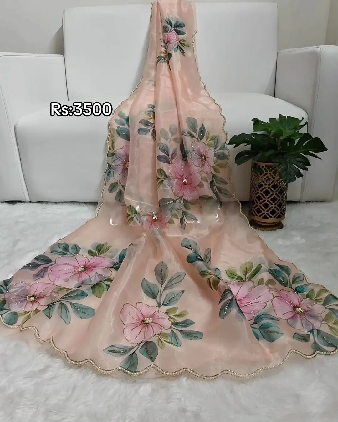 Code110991 soft satin organza flower handprint all over saree with pearl cut Dena & seqnce  handwork Work in all over saree & pearl cutdena double arca border paird with silk blouse  shipping charges extra