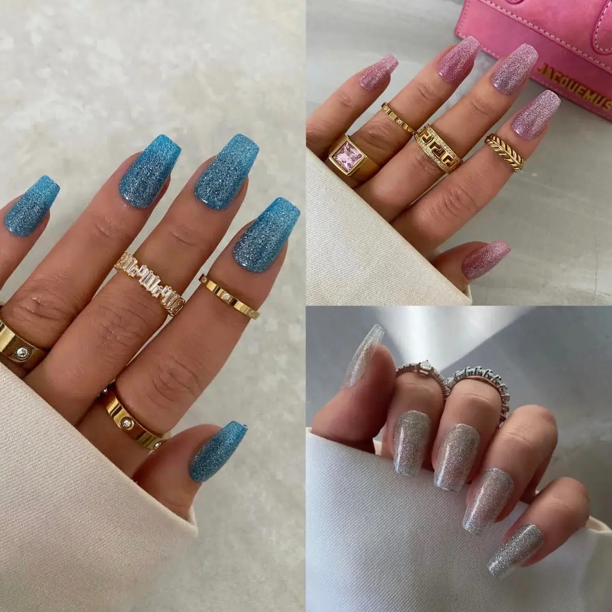 This trio includes three sculpted coffin nail sets packed with our signature silver reflective glitter ✨  🧜‍♀️ Aquamarine - sheer light blue base 💕 Angel Numbers - sheer light pink base 💍 Diamond Cut - sheer base #affordablenails #nailtok #newnails #glitternails #pressonnails 