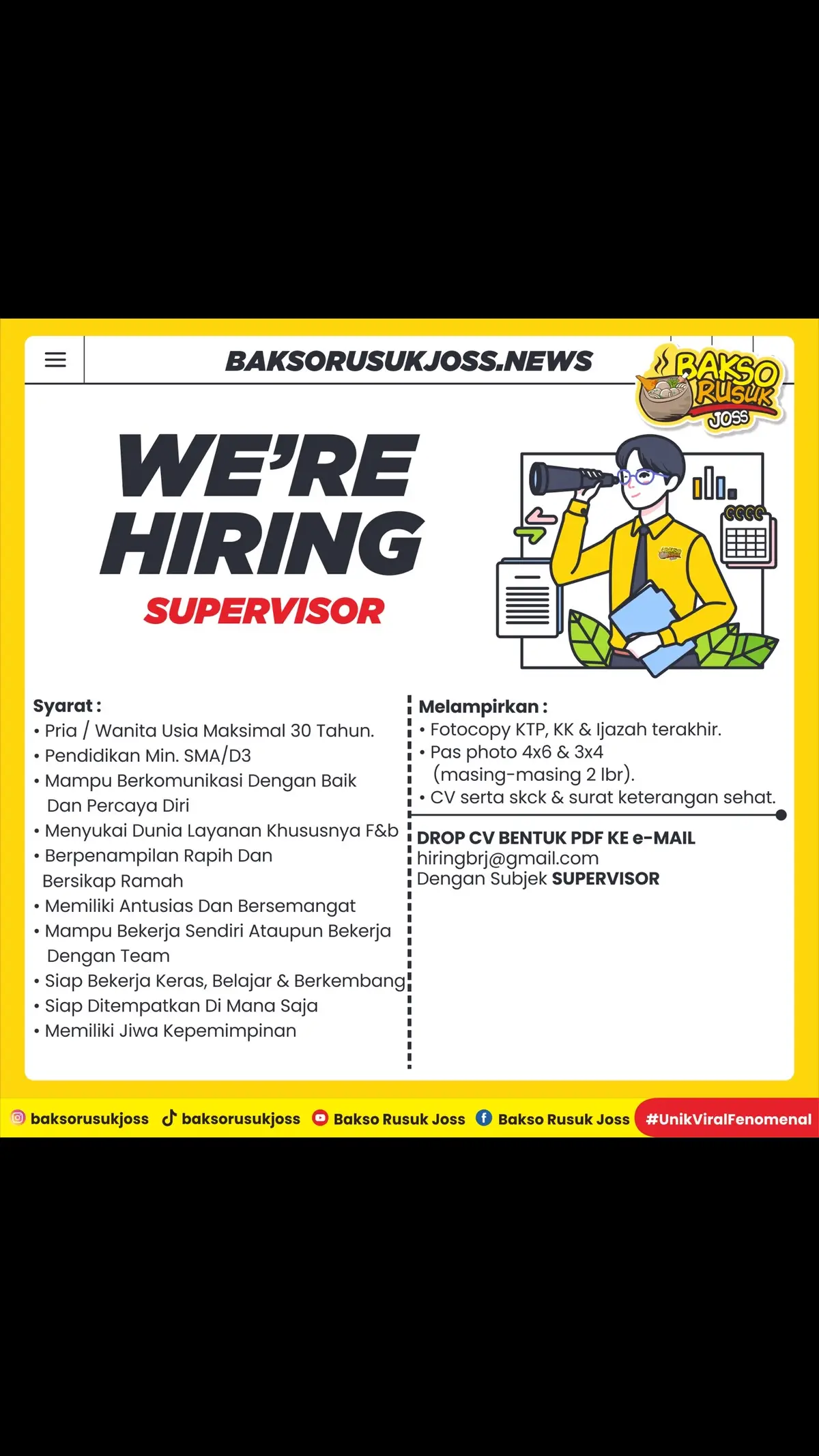 [WE’RE HIRING SUPERVISOR] Kualifikasi sesuai gambar di atas !!  Kirim CV pdf ke : Email : hiringbrj@gmail.com Subjek : Supervisor  ———————- #loker #infoloker #lokerjabodetabek #baksorusukjoss #lowongankerja #jabodetabekloker #jakartaloker #lokerbekasi #lokerpamulang #kemayoranjakarta #kemayoran #lokertangerang #lokerdepok #jakarta #lokerjawabarat #lowongankerja #lokerjawabarat #tangerang #bekasi #bekasihits