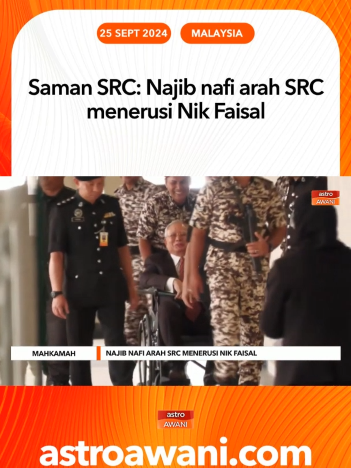 Datuk Seri Najib Tun Razak memberitahu Mahkamah Tinggi di sini hari ini bahawa bekas Ketua Pegawai Eksekutif SRC International (SRC) Nik Faisal Arif Kamil bukanlah penghubung antara syarikat itu dan dirinya, seperti dakwaan bekas pengarah SRC Tan Sri Ismee Ismail dan Datuk Suboh Md Yassin. #AWANInews
