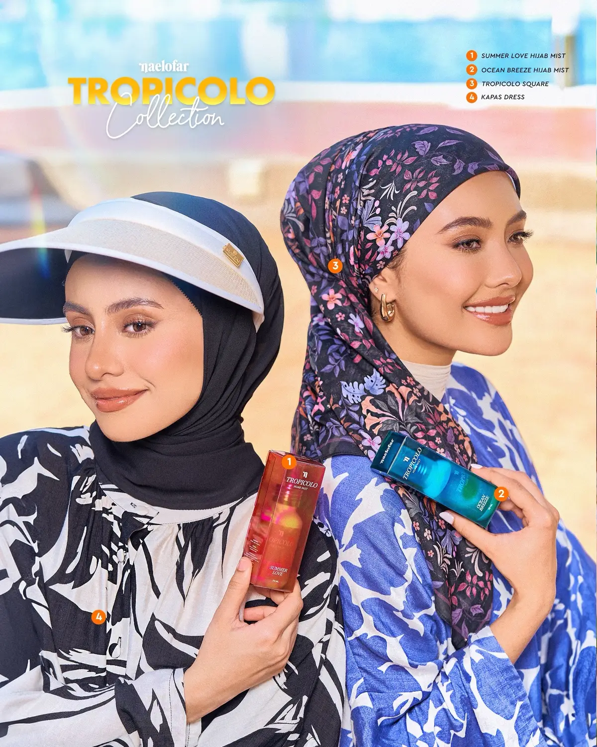 Get ready for your next adventure with the Tropicolo Collection! 🌴 Featuring printed hijabs, floral dresses, clear tote bags, and refreshing hijab mists, this set has everything you need for a stylish and comfortable getaway. Launching tonight at 9 PM. Comment 💖 if you're excited for the launch! #beachvibes #holidayfit #tropicolo 