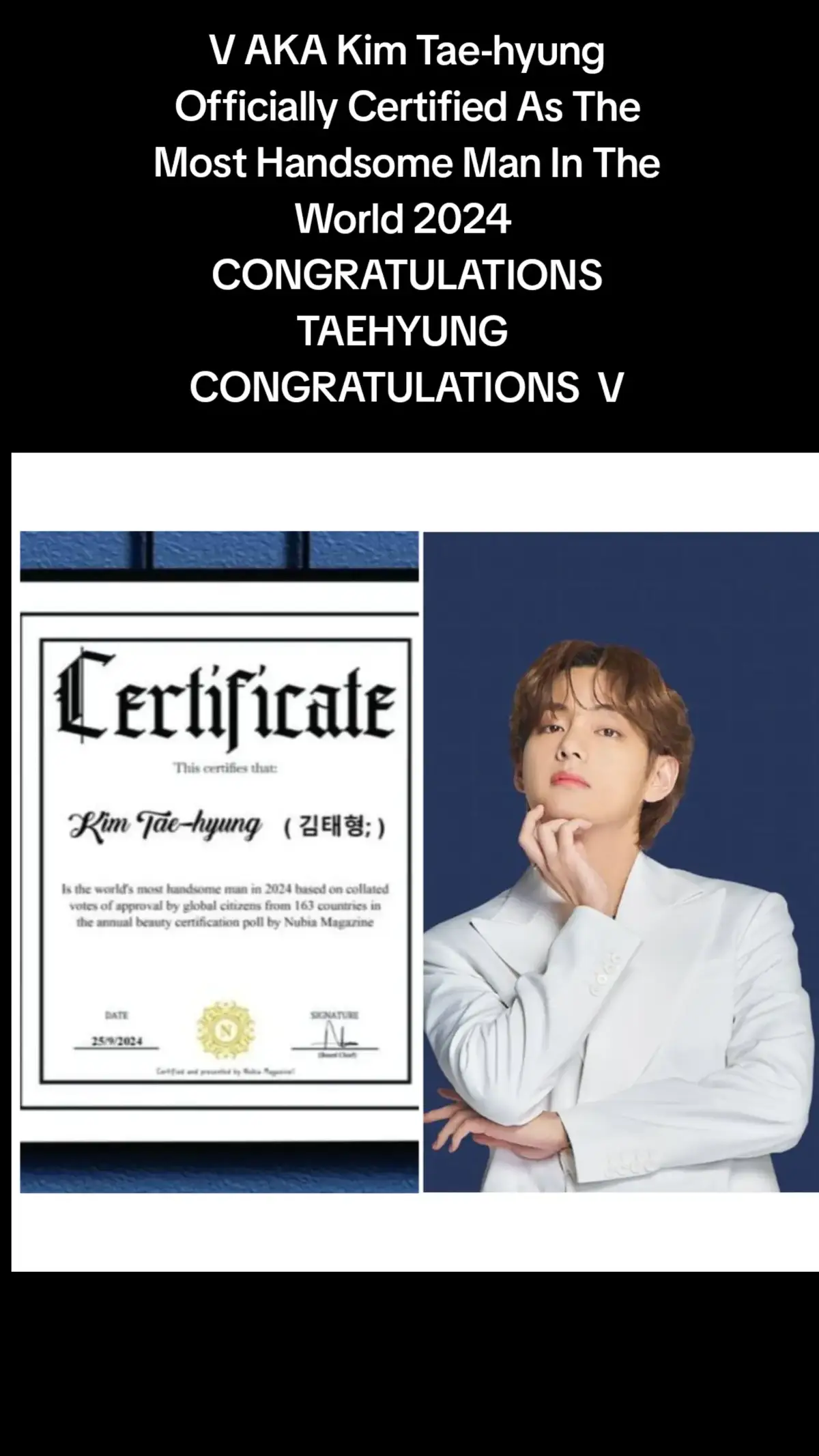 ဂုဏ်ယူရ​ေသာ ်V AKA Kim Tae-hyung Officially Certified As The Most Handsome Man In The World 2024  CONGRATULATIONS  TAEHYUNG  CONGRATULATIONS  V#jungkook #taehyung #taekook #sandar859597 #bts_official_bighit 