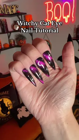 How I made the nails I wore in my witchy look from the other day ✨💜  . Products used: @BeetlesGelPolishOfficial black gel polish @vettsystore spectrum cat eye gel polish SP01 and magnet  @vbeautypure white 045 gel polish and no wipe top coat @SHOP NAILZ BY DEV deadly detailer brush 12mm @Apres Nail long stiletto nails . . #witchynails #witchnails #halloweennails #gothicnails #spookynails #nailarttutorial #nailtutorial #cateyegel #cateyenails 