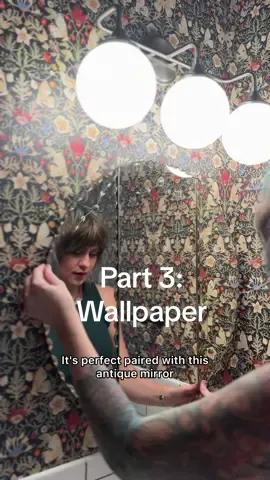 Did you know you can wallpaper a bathroom with a shower?? If you’re concerned about moisture you can add a coat of Decorater’s Varnish to seal. I didn’t need to in two bathrooms so far and they are holding up beautifully! My favorite part about wallpaper is that it gives theeeeee biggest impact in a space.  I’m obsessed with how moody and whimsical this feels now! What do you think? wallpaper: Butterfly Tree by @Photowall  #moodyhome #creatorsearchinsights #bathroomreno #diyhomeimprovement #aestheticwallpapers #whimsygoth 