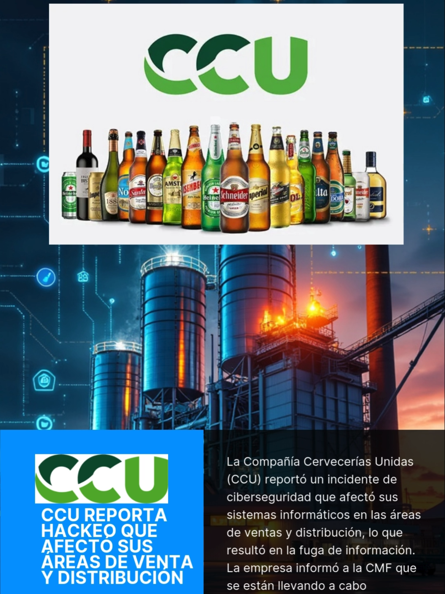 Ultima Noticia en CiberSeguridad ¿Qué pasó hoy en Ciberseguridad? CCU reporta hackeo que afectó sus áreas de venta y distribución: La Compañía Cervecerías Unidas (CCU) reportó un incidente de ciberseguridad que afectó sus sistemas informáticos en las áreas de ventas y distribución, lo que resultó en la fuga de información. La empresa informó a la CMF que se están llevando a cabo procesos de contención, erradicación y recuperación, y que aún están evaluando el alcance del hackeo. Esto es todo por hoy en ciberseguridad. Toma tus precauciones y mantente informado a través de nuestros canales. #CCU