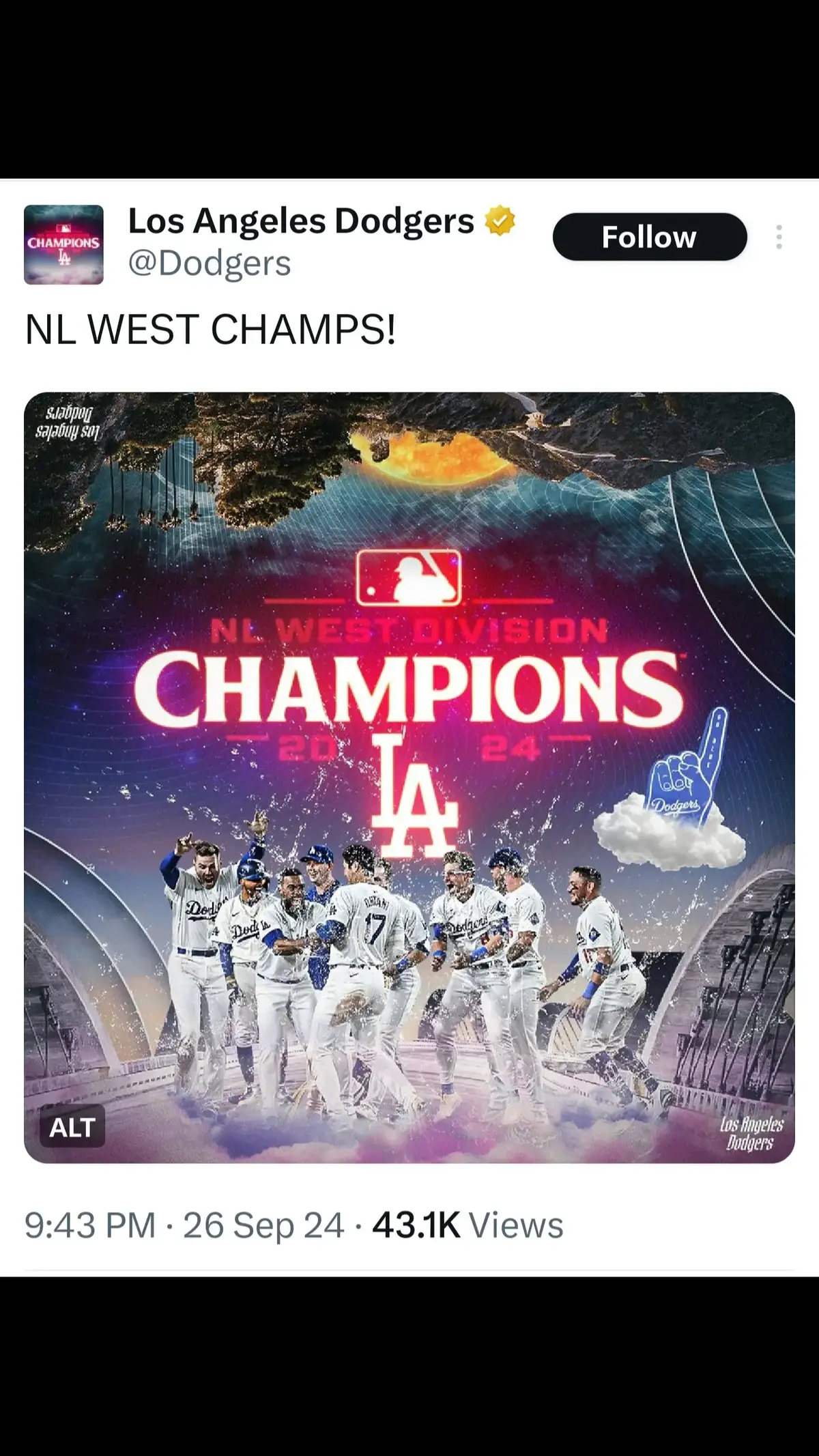 The Los Angeles Dodgers are the NL West Division Champions. This marks 11 of past 12 National Division Champions. The cherry on top was beating San Diego at Dodger Stadium in the final home series. #dodgers #MLB #champions #nl #nlwest #baseball #sports @Los Angeles Dodgers 