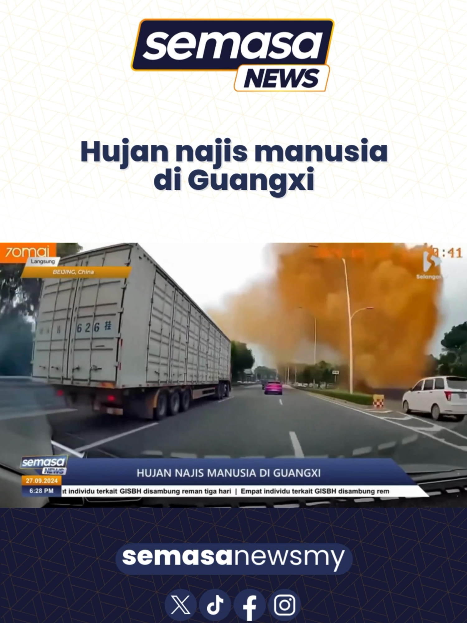 Di China, sebatang paip tangki septik pecah di jalan raya yang dalam pembinaan di Guangxi sehingga menyebabkan letusan setinggi lebih 10 meter.  Kejadian tersebut dipercayai berlaku pada Rabu lalu dan hampir memecahkan cermin belakang sebuah kereta.  #MediaSelangor #semasanewsmy