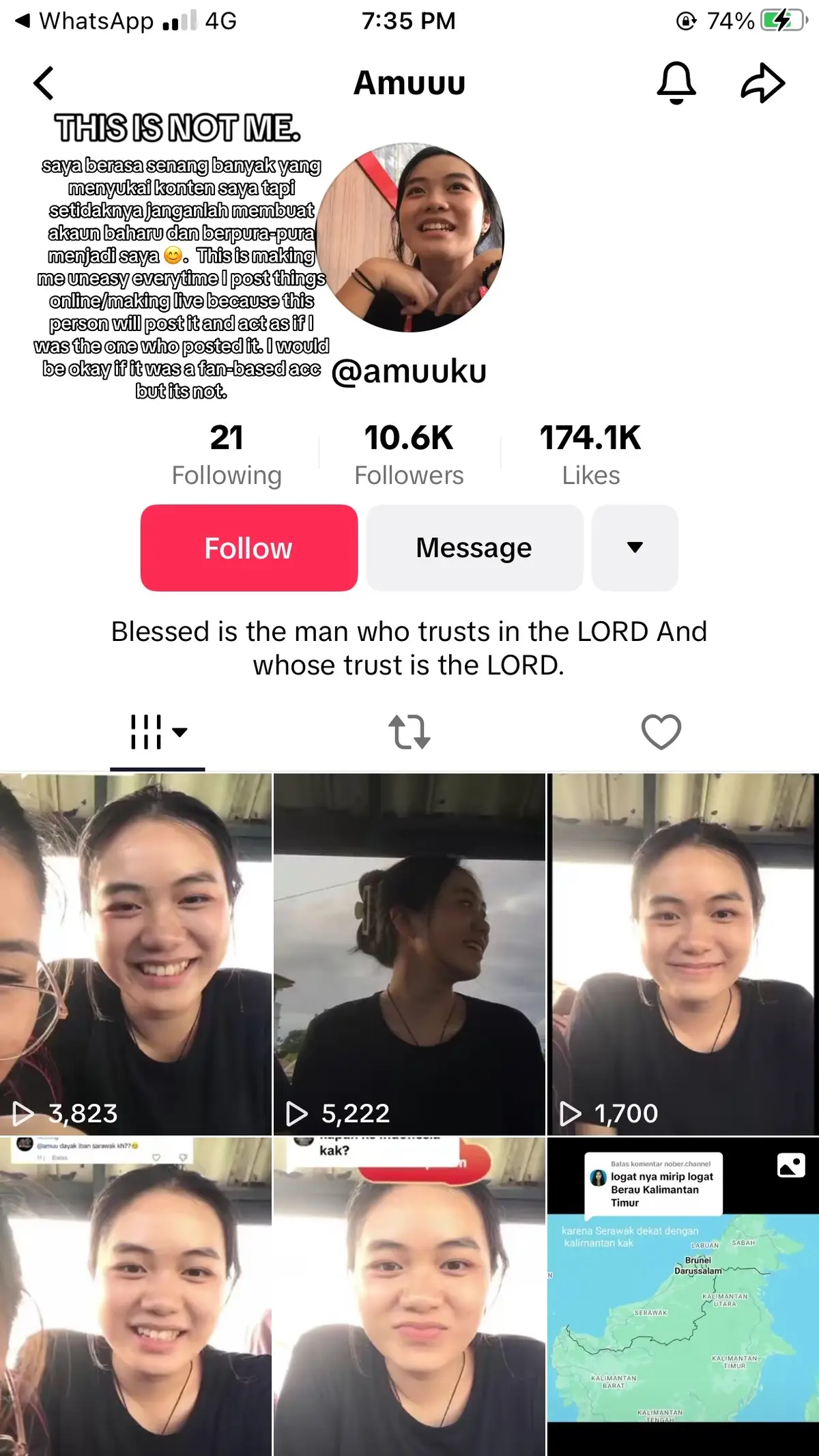 Buat orang yang merakam semua live saya bahkan merakam story sepupu saya hanya untuk dijadikan konten di akaun anda, anda tidak sopan. Anda bahkan membuat akaun instagram menggunakan nama saya dan menggunakan konten2 saya, tidakkah anda mempunyai rasa malu untuk menggunakan nama saya hanya untuk mendapatkan 