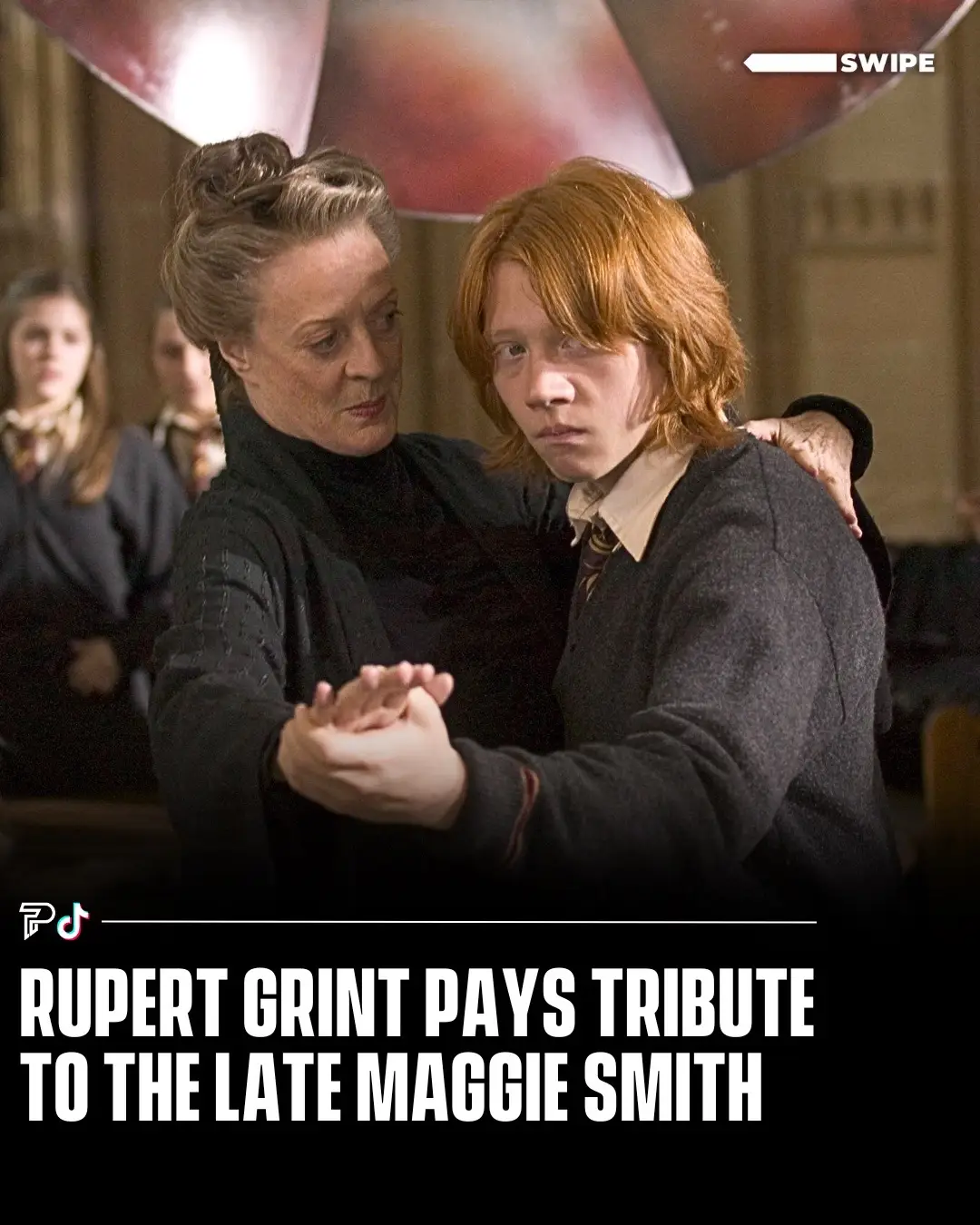 Swipe ⬅️ Rupert Grint paid tribute to the late Maggie Smith 🙏 Grint portrayed Ron Weasley, while Smith played Professor McGonagall. Their characters meet at Hogwarts, where McGonagall serves as a strict but caring professor, guiding Ron and his friends through their magical education. #RoadTo20Million #Pubity 