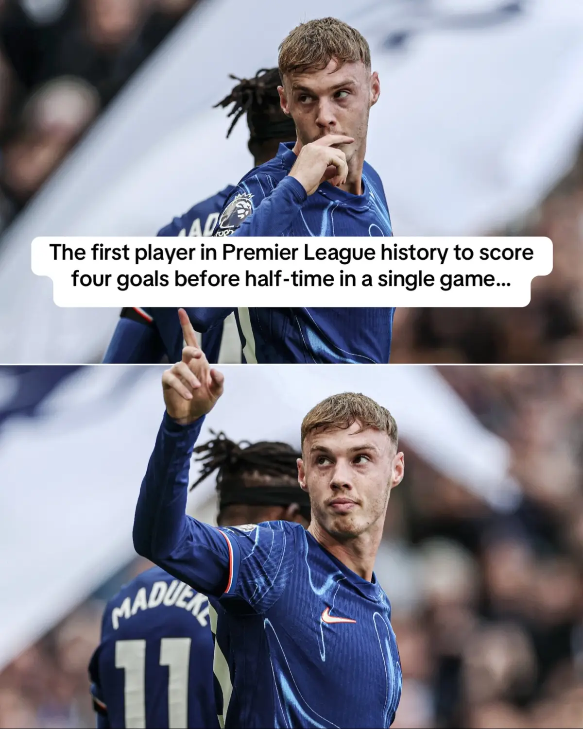 The first player in Premier League history to score four goals before half-time in a single game. Cold Palmer 🥶 #chelseafc #chelsea 