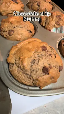 Chocolate Chip muffins from scratch - you have to ttry them! • 3 cups all-purpose flour  • 3 teaspoons baking powder • 1/2 teaspoon baking soda • 1/2 teaspoon salt • 1 teaspoon baking cocoa powder • 1 teaspoon ground cinnamon • 1/8 teaspoon ground nutmeg (optional) • 1/3 cup unsalted butter, melted  • 1/3 cup vegetable oil • 1/3 cup sour cream or yogurt, at room temperature* • 1 cup milk • 1 cup of sugar • 2 eggs • 1 teaspoon pure vanilla extract • 1 and 1/2 cups semisweet chocolate chips Prehat oven @ 425 degrees. Mix all dry ingresients in a bowl; mix all wet ingredients in a different bowl (including the sugar). Mix both mixtures together and add chocolate chips.  Bake for 5 minutes - then reduce oven temperature to 375 degrees without taking the muffins out of the oven for another 25 minutes.  • optional: coarse sugar for sprinkling #creatorsearchinsights #explorepage #momboss #muffins #chocolatechip #challenge #MomsofTikTok 