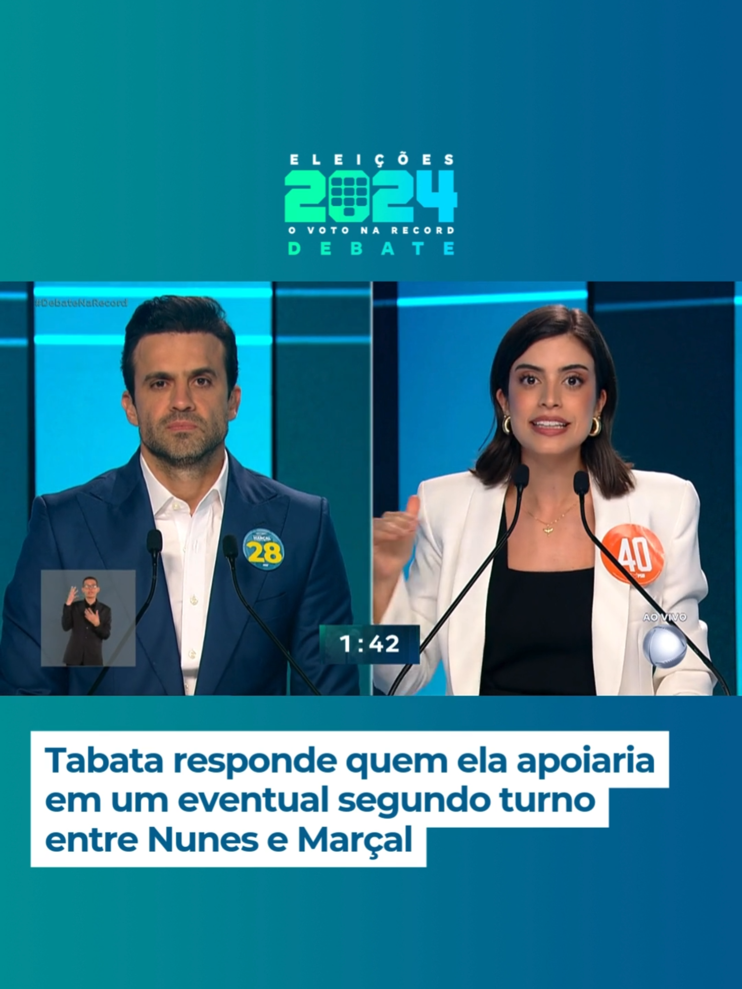 Rafael Algarte pergunta para Tabata Amaral (PSB) quem ela apoiaria em um eventual segundo turno entre Ricardo Nunes (MDB) e Pablo Marçal (PRTB). O jornalista da @recordnews pede para Marçal comentar a reposta. ➡️ Assista ao #DebateNaRECORD completo em R7.com e PlayPlus.com #OVotoNaRECORD