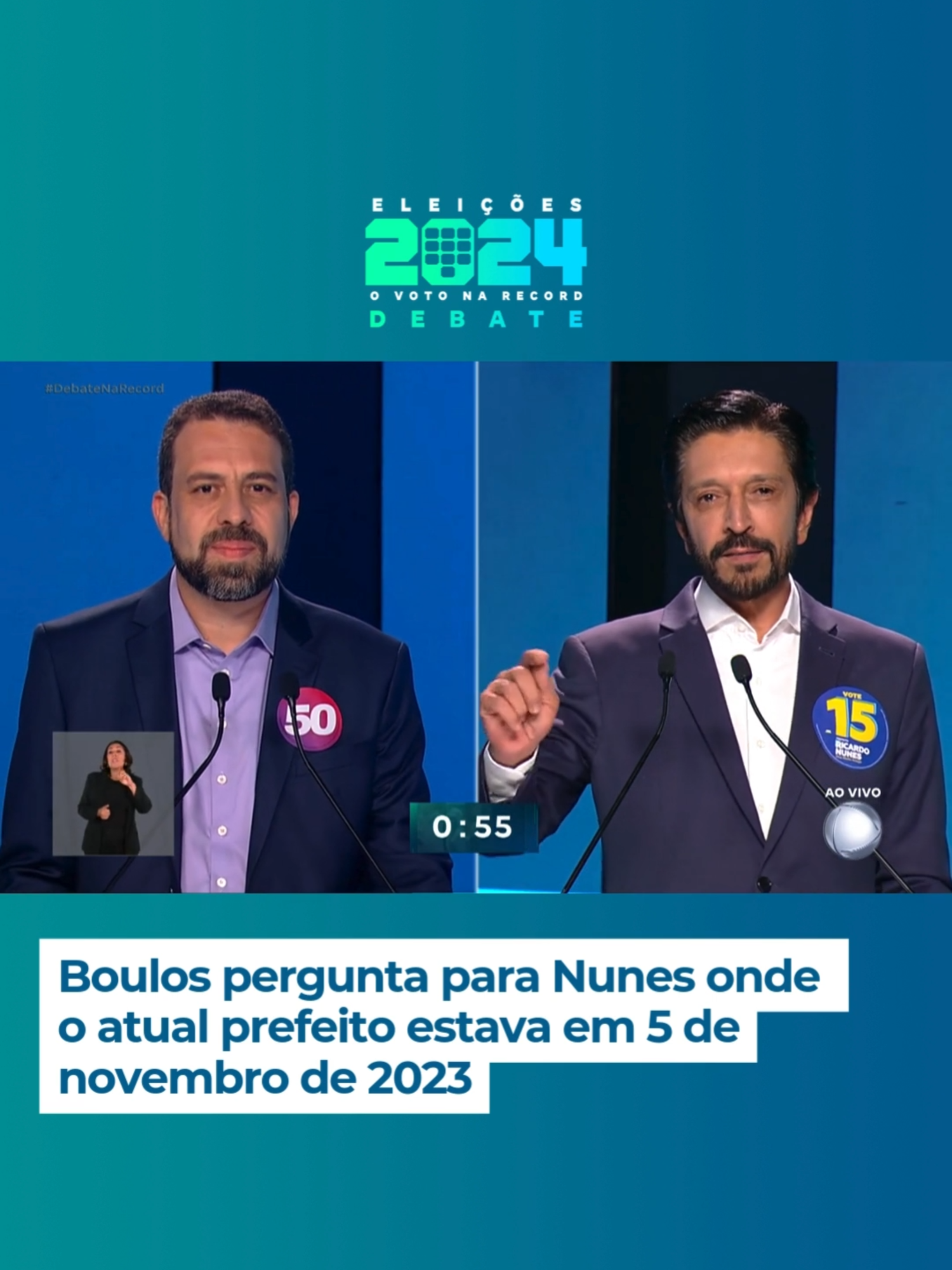 No início do segundo bloco, Guilherme Boulos (PSOL) diz que o prefeito precisa estar ao lado da população e pergunta a Ricardo Nunes (MDB) onde ele estava em 5 de novembro de 2023. Veja a reposta do atual prefeito de São Paulo. ➡️ Assista ao #DebateNaRECORD completo em R7.com e PlayPlus.com #OVotoNaRECORD