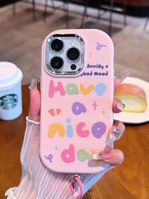 Casing Ponsel Merah Muda Huruf Berwarna-warni - Untuk iPhone Android dengan Tali Merah Muda